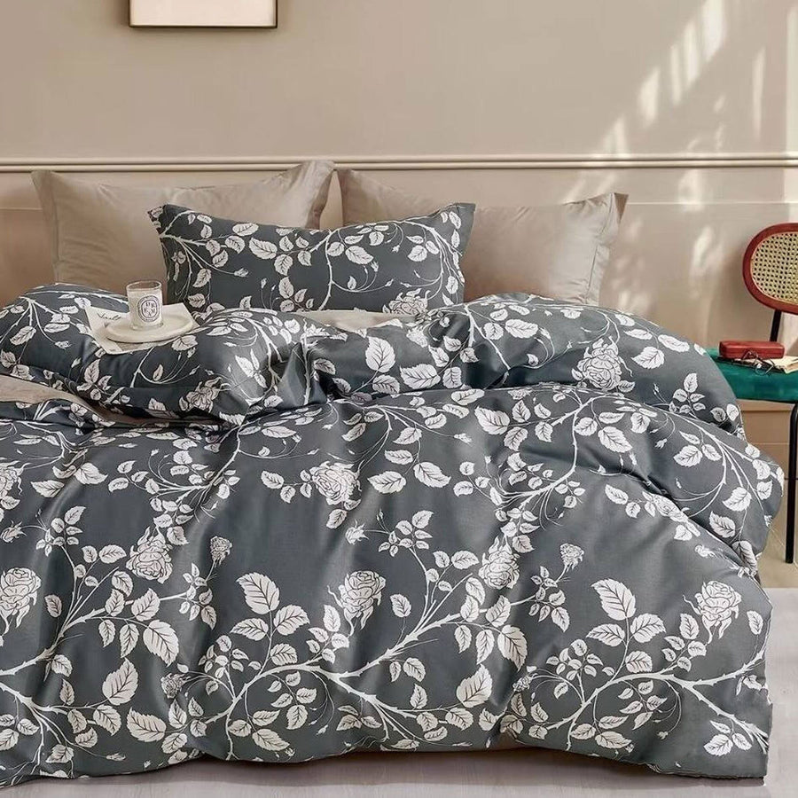 300TC Gardenia Charcoal Reversible Cotton Quilt Cover Set Queen - Floral Design - SuperSaverAU - view 1