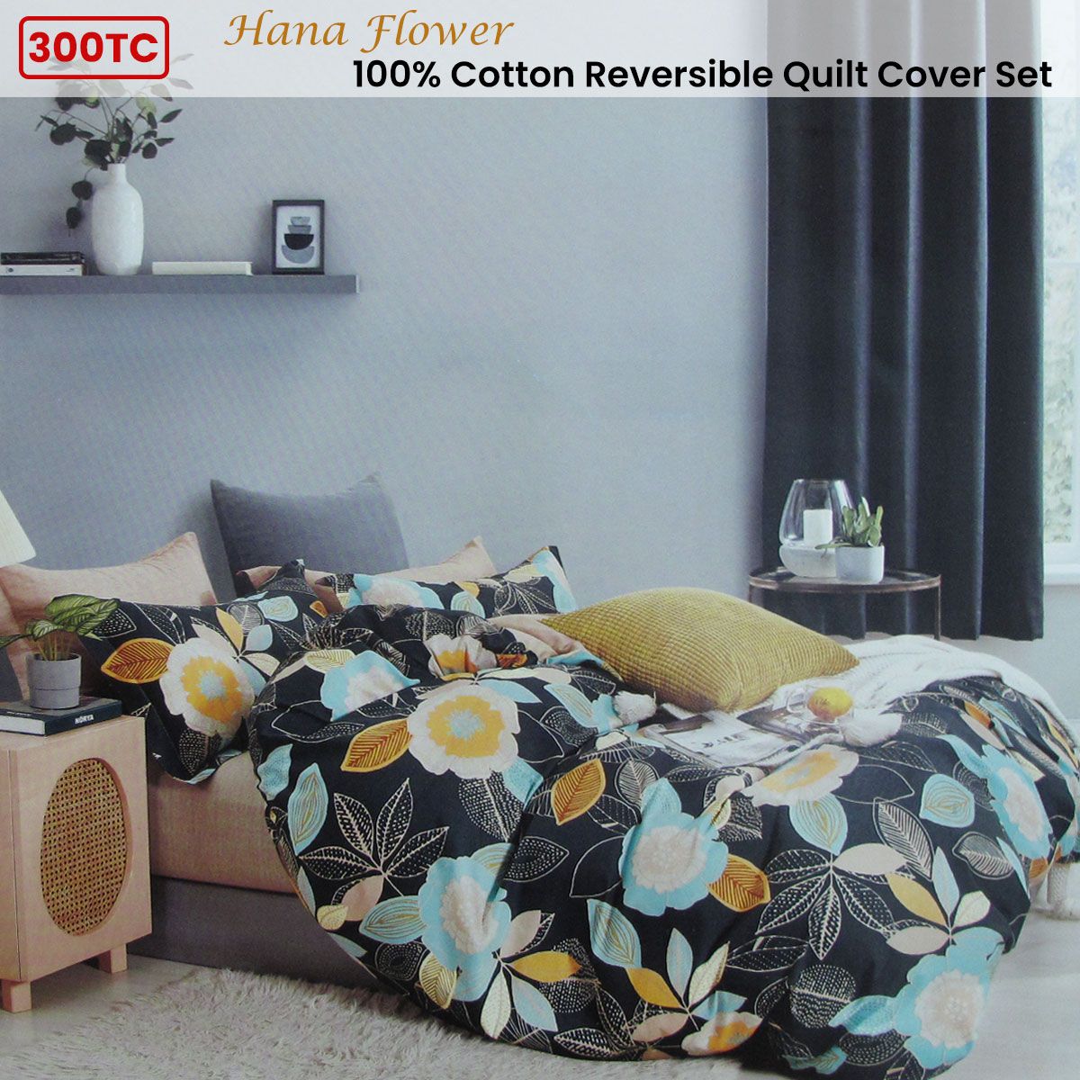 300TC Hana Flower Multi Reversible Cotton Floral Quilt Cover Set Double - SuperSaverAU - view 2