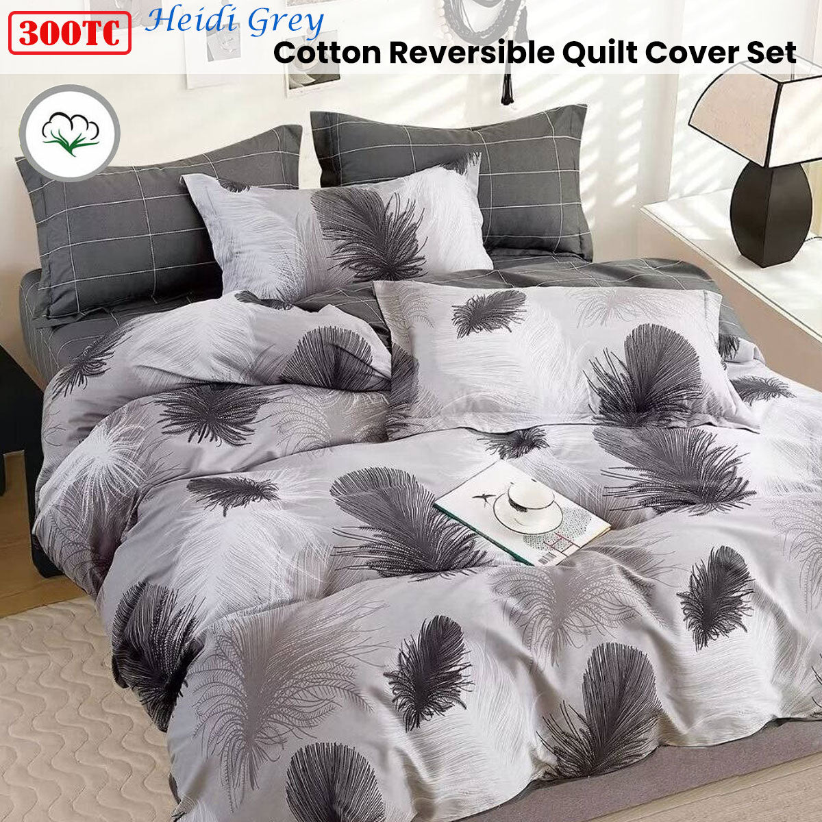 Heidi Grey Reversible Cotton Quilt Cover Set King - 300TC, Soft & Breathable - SuperSaverAU - view 2