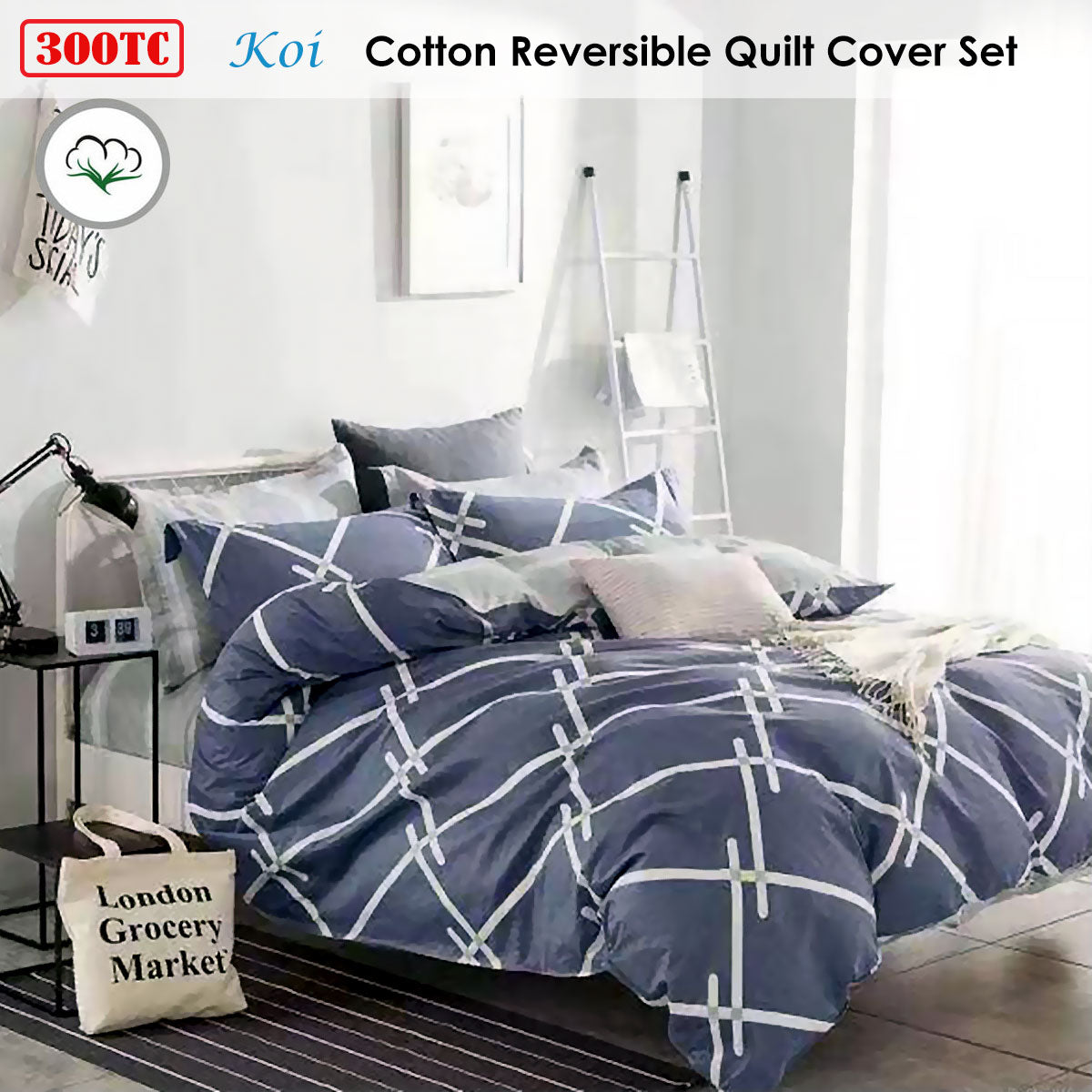 Koi Reversible Cotton Quilt Cover Set King - 300TC, Geometric Print Design - SuperSaverAU - view 2