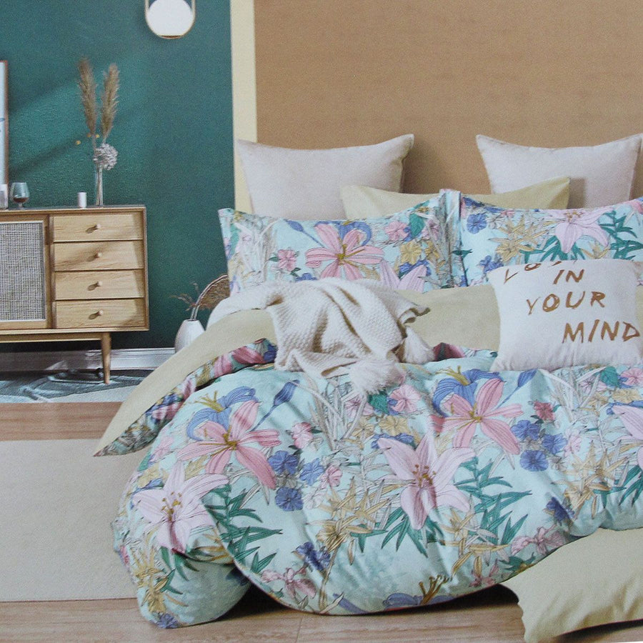 300TC Lily Flowers Multi Reversible Cotton Floral Quilt Cover Set Queen - SuperSaverAU - view 1