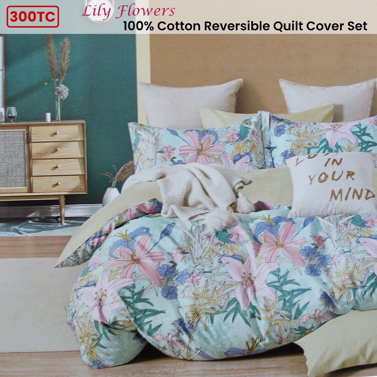 300TC Lily Flowers Multi Reversible Cotton Floral Quilt Cover Set Queen - SuperSaverAU - view 2
