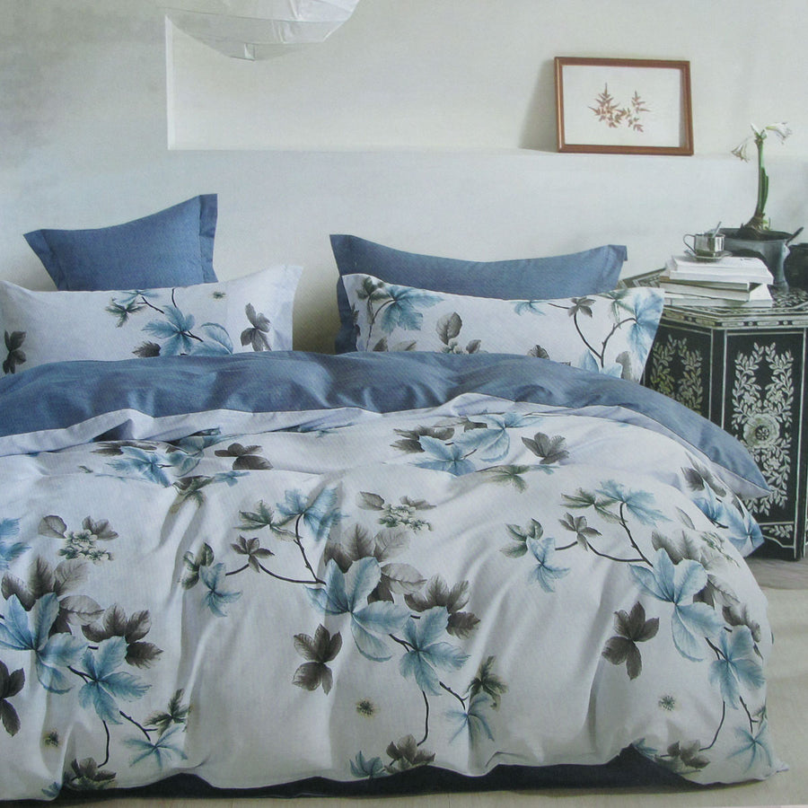 300TC Milla Blue Reversible Cotton Quilt Cover Set King - Foliage Print, 100% Cotton - SuperSaverAU - view 1