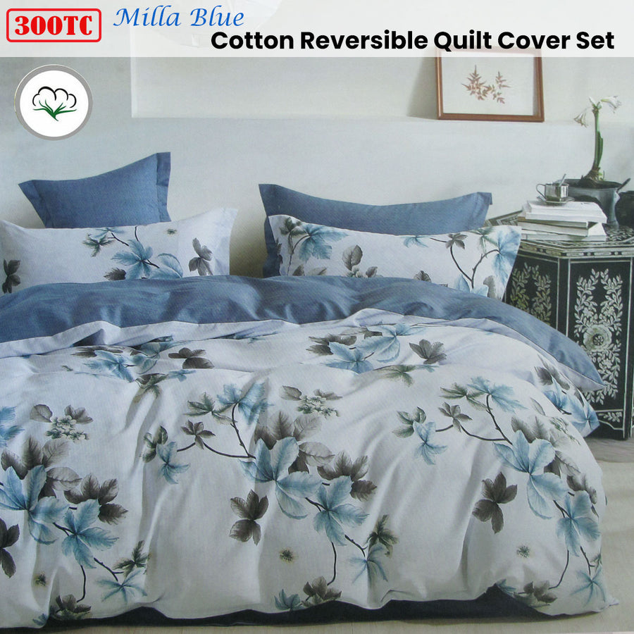 300TC Milla Blue Reversible Cotton Quilt Cover Set Queen - Foliage Print, 100% Cotton - SuperSaverAU - view 1