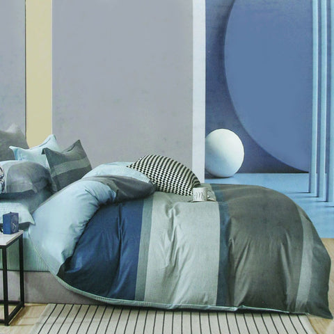 300TC Simon Teal Reversible Cotton Stripes Quilt Cover Set Queen - SuperSaverAU - view 1