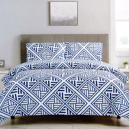 Artex Navy Geometric Pattern Printed Microfiber Quilt Cover Set Queen