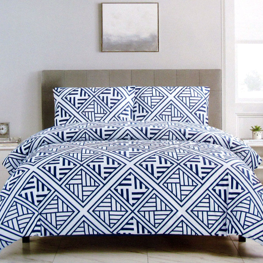 Artex Navy Geometric Pattern Printed Microfiber Quilt Cover Set Queen - SuperSaverAU - view 1