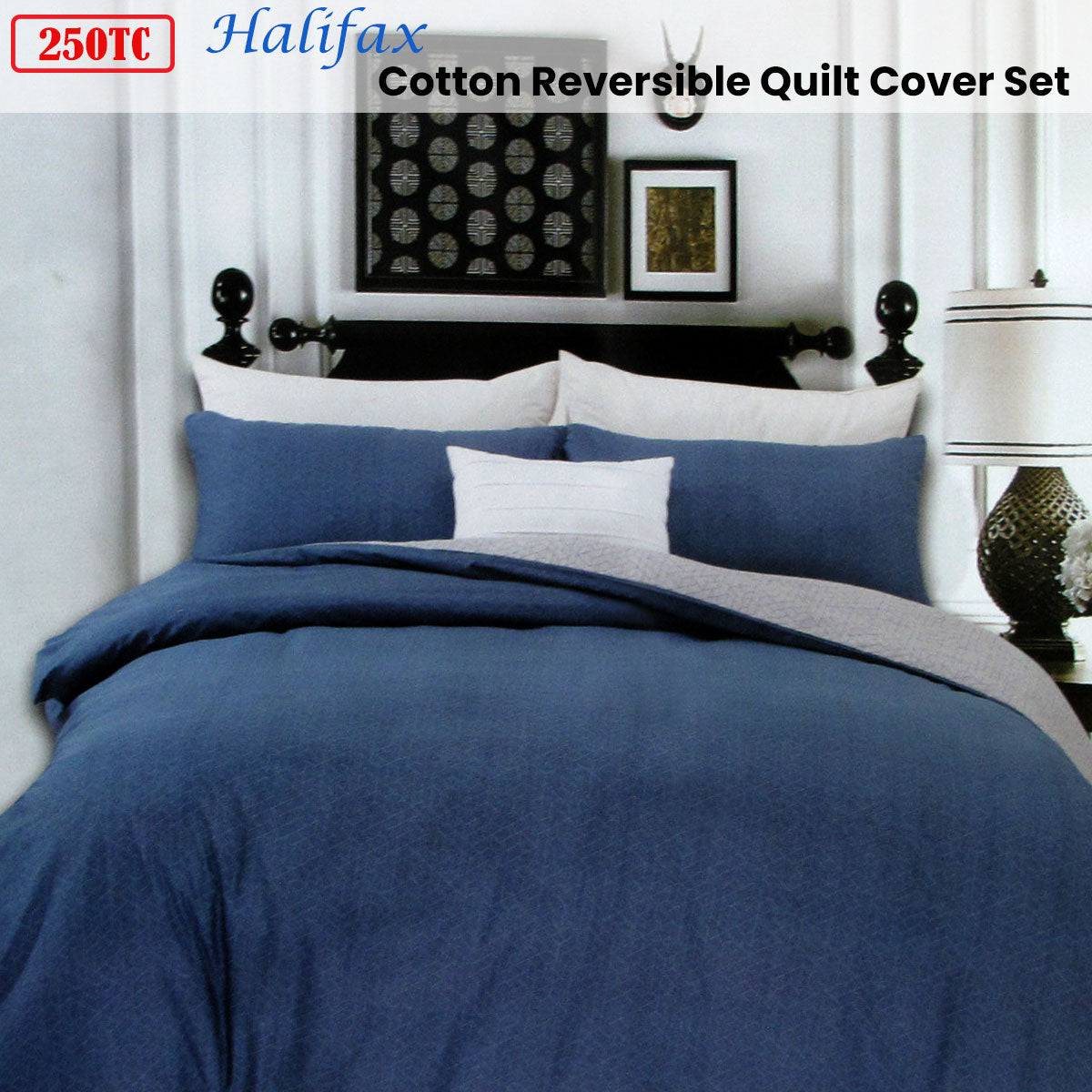 Halifax Cotton Reversible Quilt Cover Set Queen - 250TC, Geometric Design, Blue/Taupe - SuperSaverAU - view 1