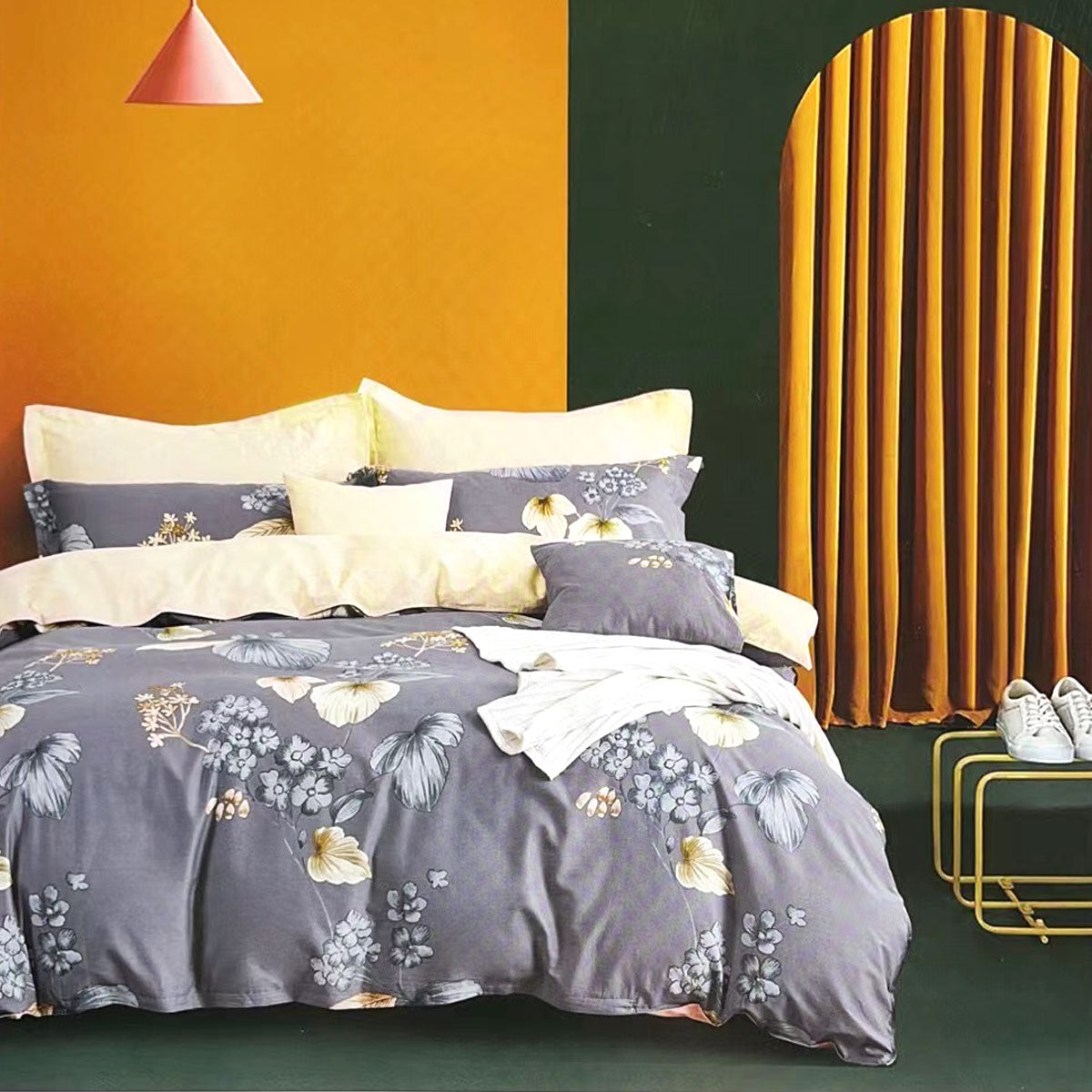 Harlo Grey 100% Cotton Reversible Quilt Cover Set King - Floral Design - SuperSaverAU - view 1