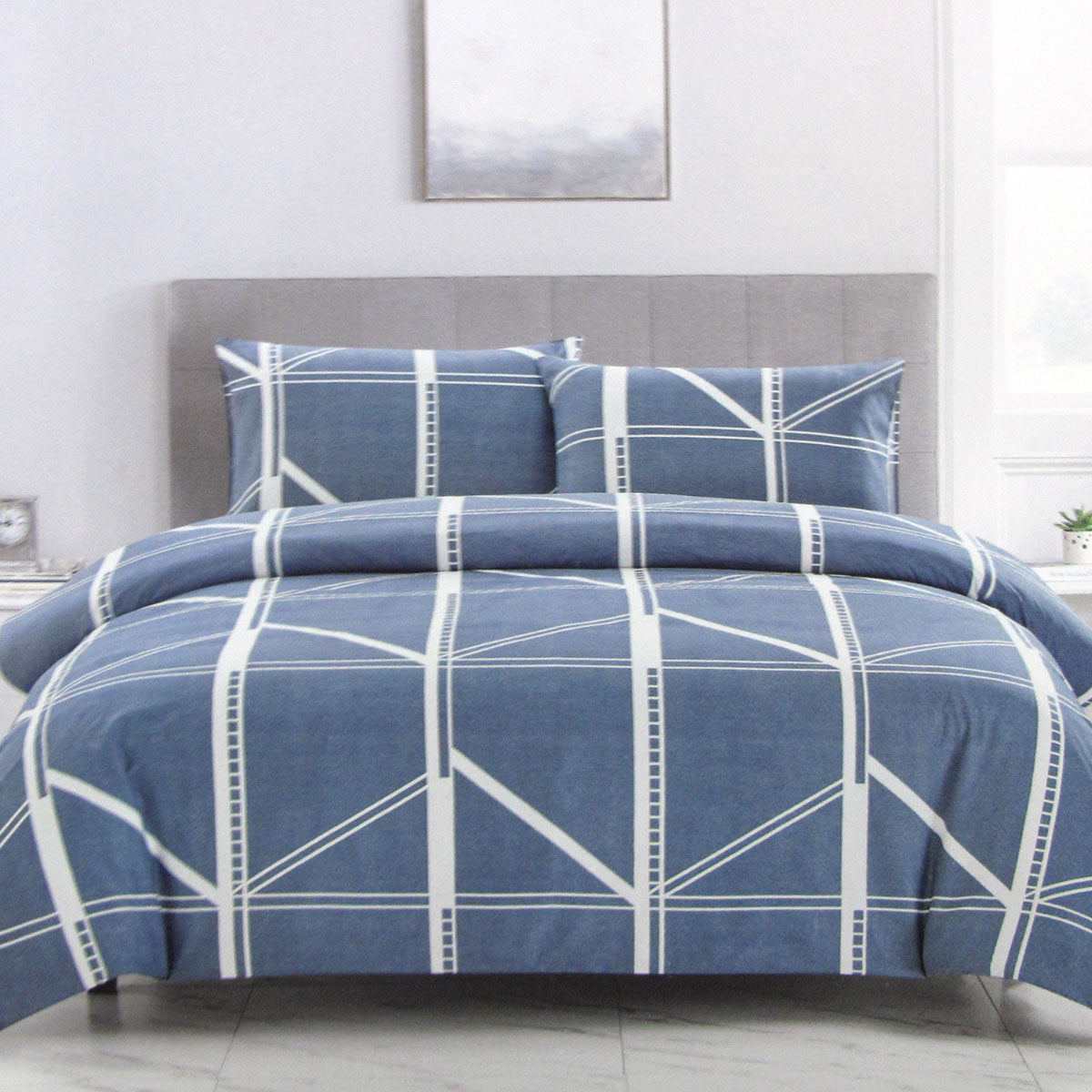 Artex Harold Blue Quilt Cover Set King - Geometric Reversible Microfiber - SuperSaverAU - view 1