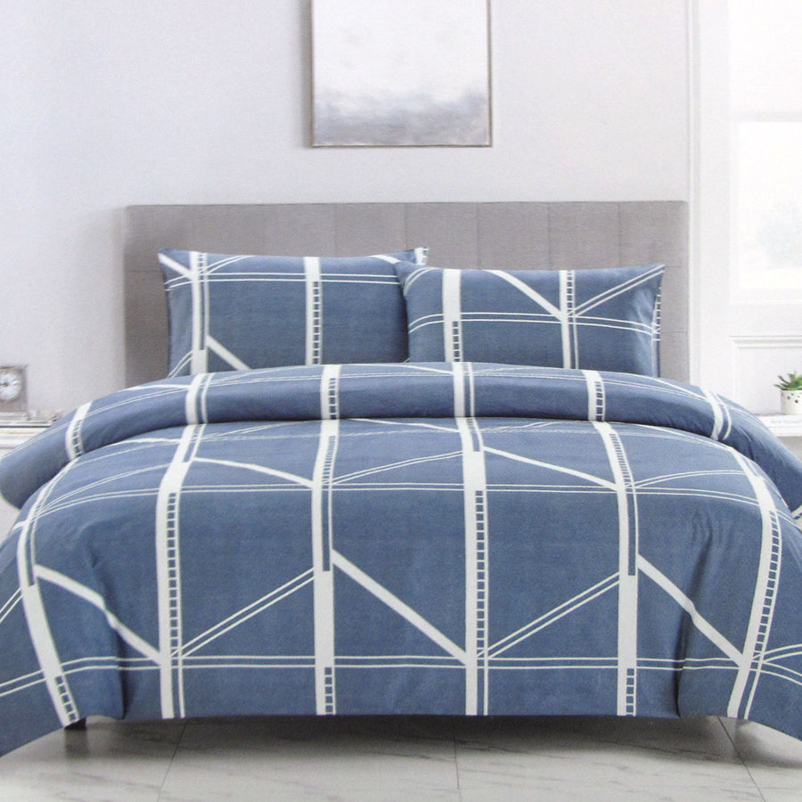 Artex Harold Blue Quilt Cover Set King - Geometric Reversible Microfiber - SuperSaverAU - view 1