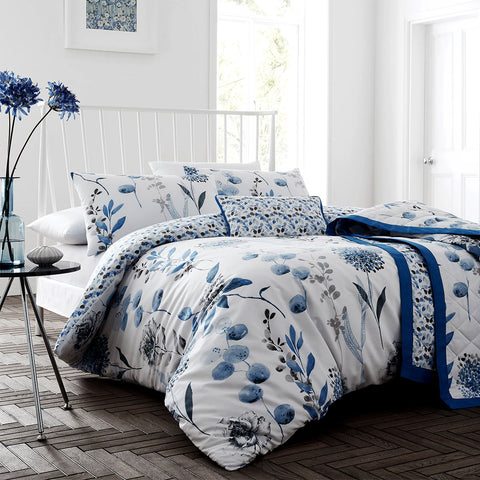 Ink Floral Blue Quilt Cover Set Queen - Floral Print, Cotton Rich, Machine Washable - SuperSaverAU - view 1