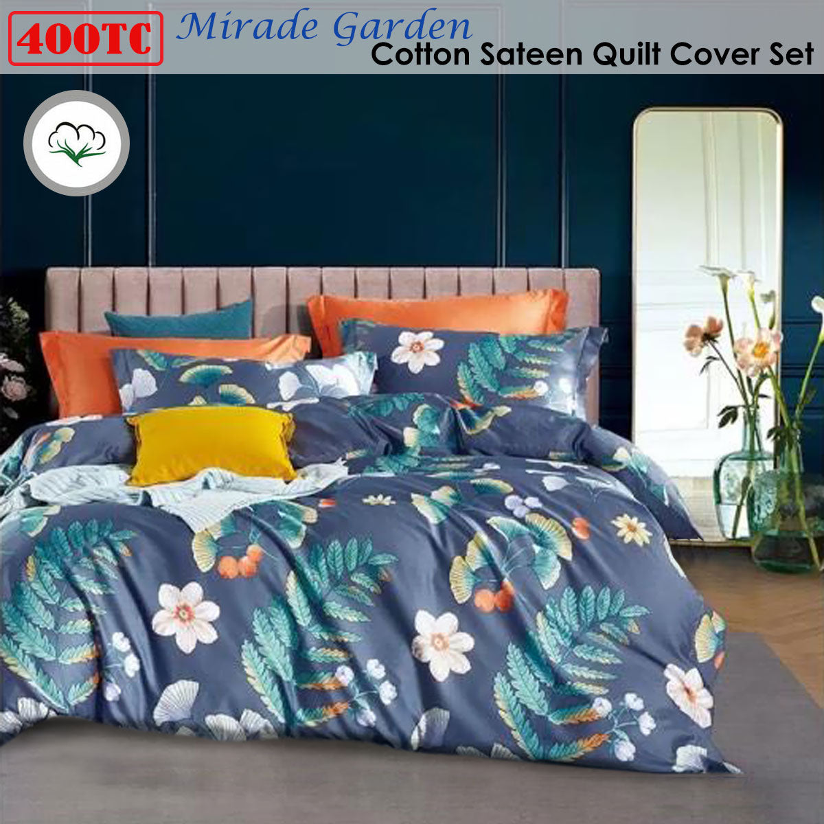 Mirade Garden 400TC Cotton Sateen Quilt Cover Set Queen - Botanical Print Design - SuperSaverAU - view 2