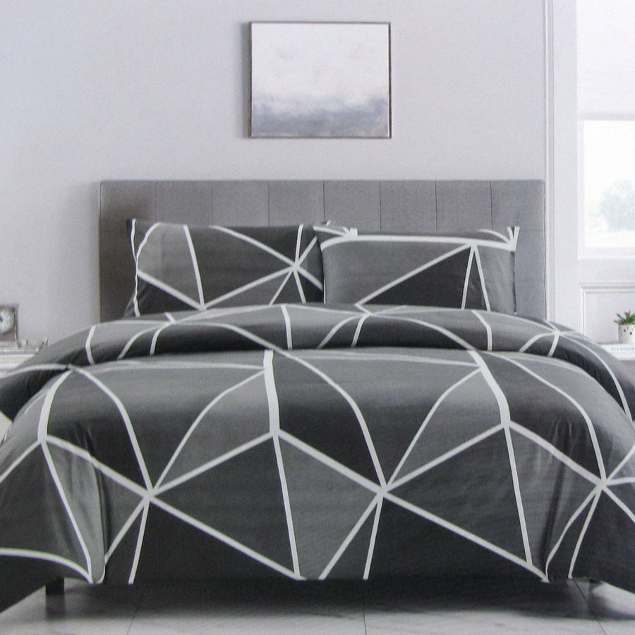 Artex Owen Charcoal Quilt Cover Set Geometric Reversible Polyester Queen - SuperSaverAU - view 1