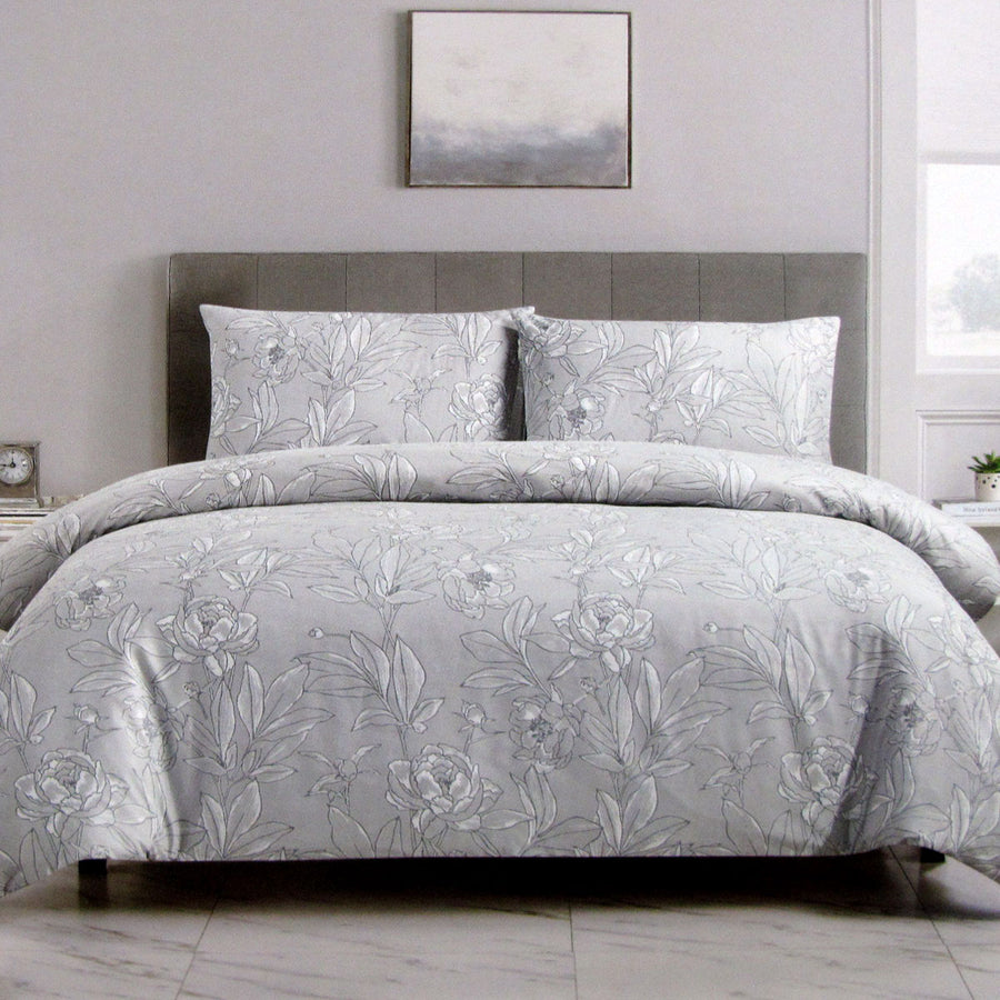 Artex Silver Peony Floral Printed Microfiber Quilt Cover Set Queen - SuperSaverAU - view 1
