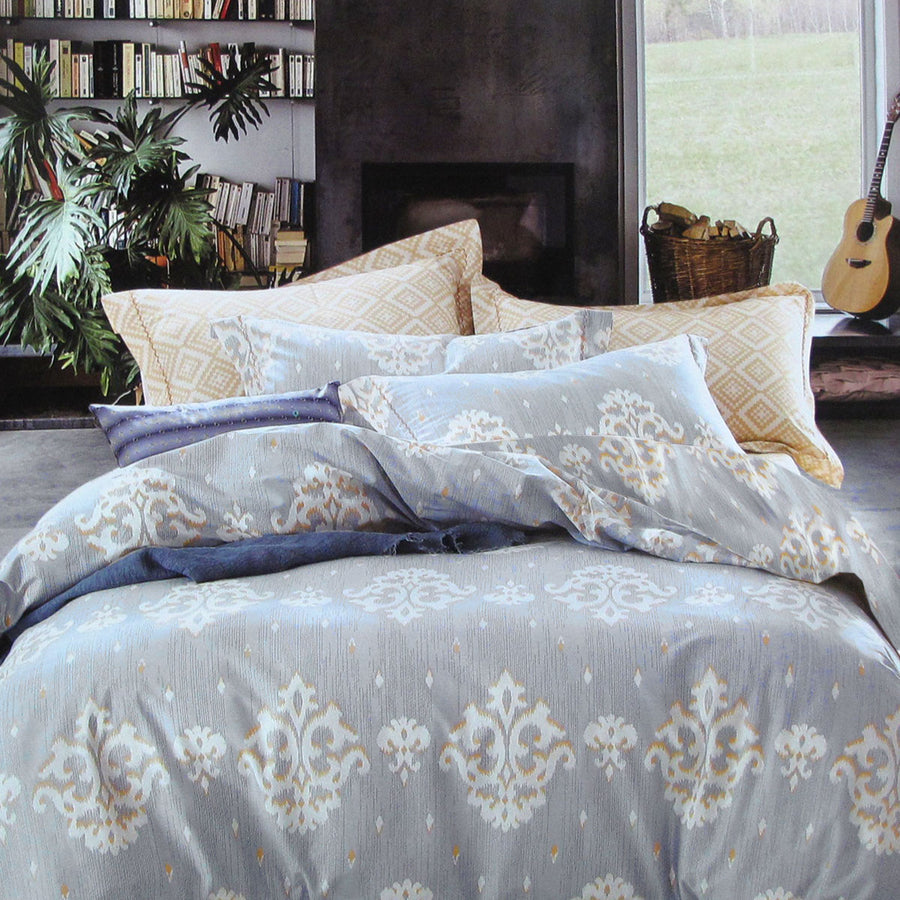 Royal Damask Cotton Quilt Cover Set Queen - 250TC, Grey, White, Peach - SuperSaverAU - view 1