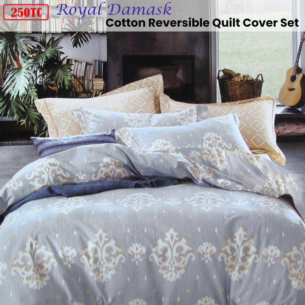 Royal Damask Cotton Quilt Cover Set Queen - 250TC, Grey, White, Peach - SuperSaverAU - view 2