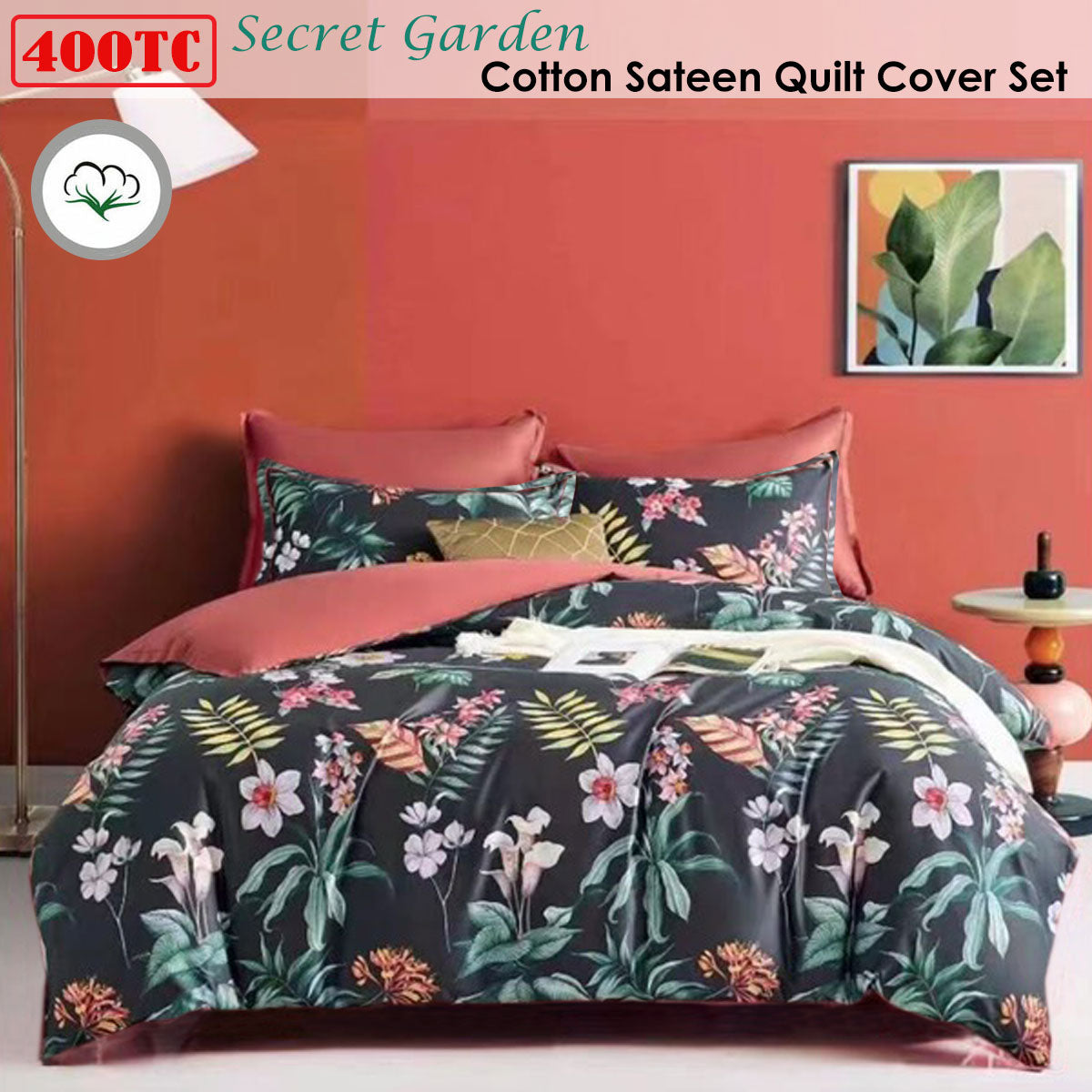 Secret Garden 400TC Cotton Sateen Quilt Cover Set King - Botanical Print Design - SuperSaverAU - view 2