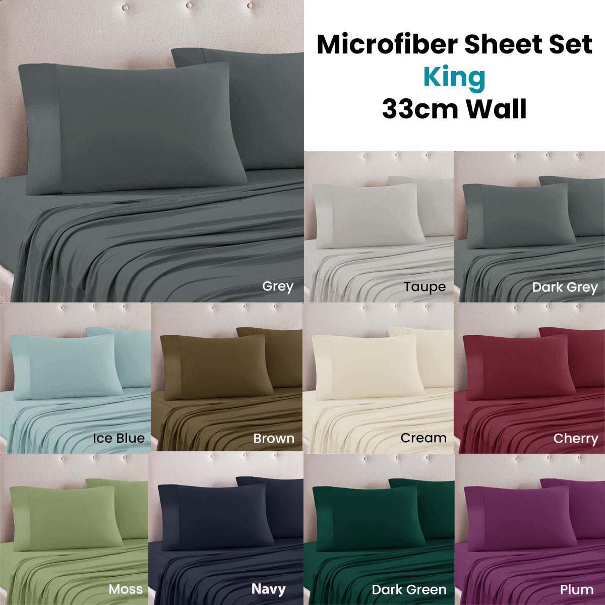 Art Terrace Microfiber Sheet Set King 33cm Wall - Solid Colour Design, Cream - SuperSaverAU - view 2