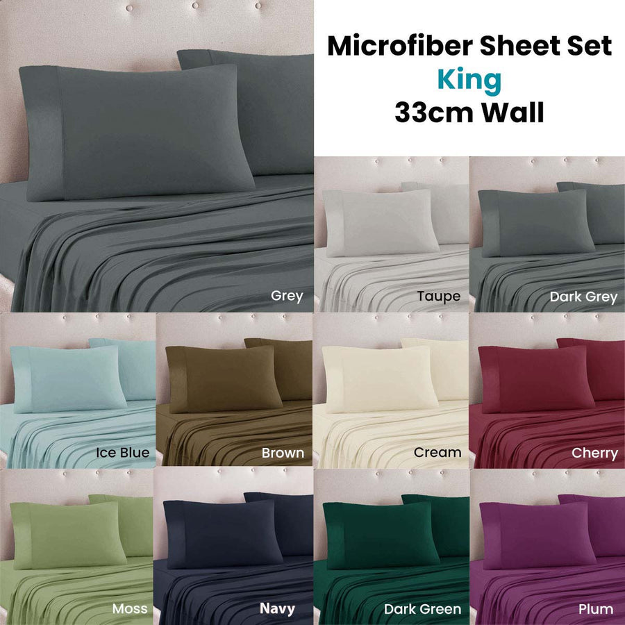 Art Terrace Microfiber Sheet Set King 33cm Wall - Ice Blue, Solid Colour Design - SuperSaverAU - view 1