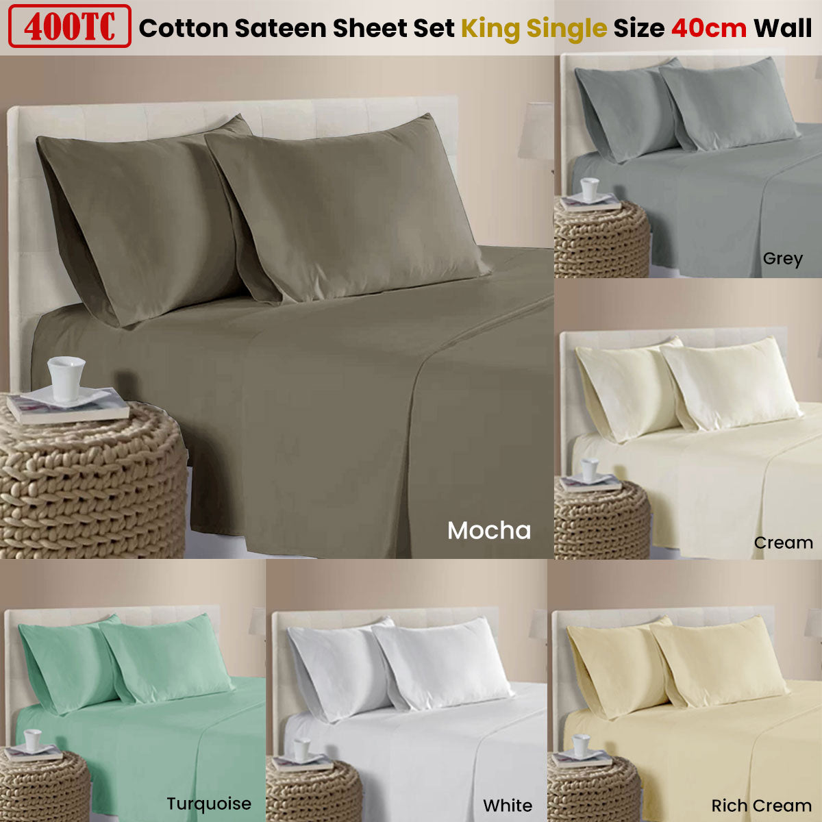 Premium 400TC Cotton Sateen Sheet Set – Mocha King Single