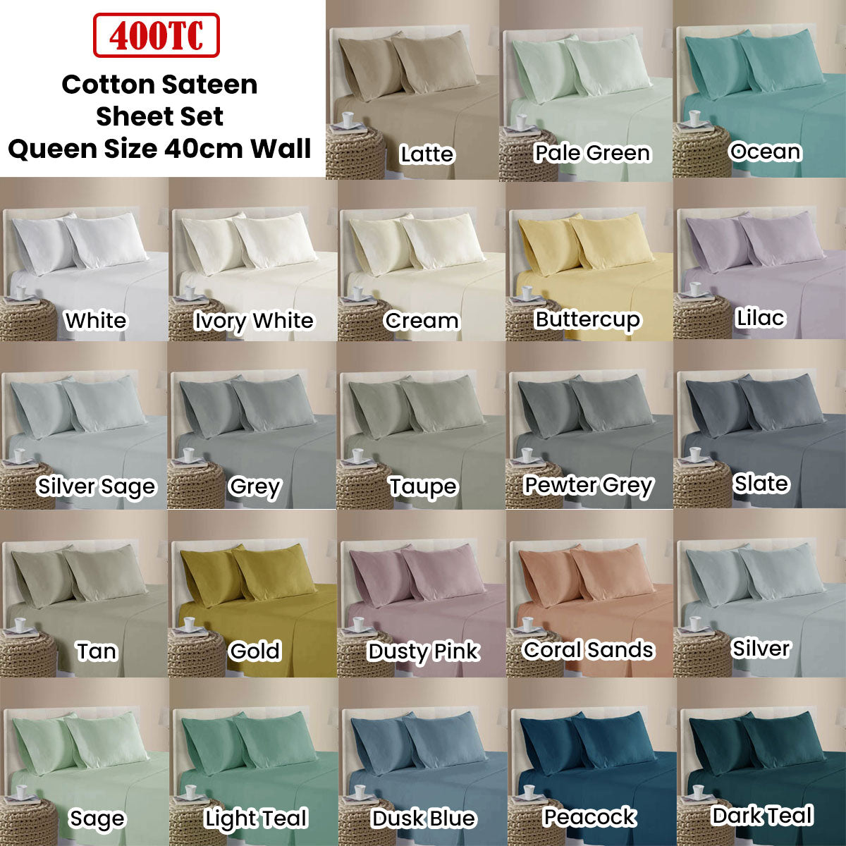 Premium 400TC Cotton Sateen Sheet Set – Tan Queen