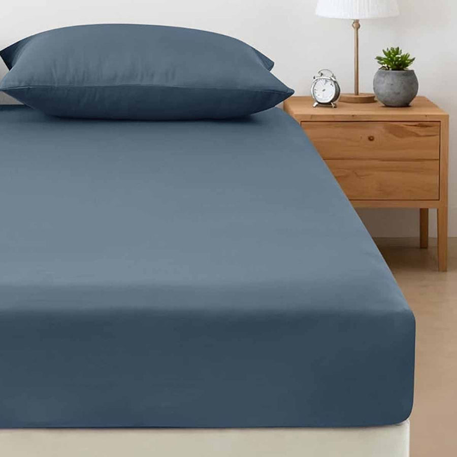 400TC Bamboo Cotton Fitted Sheet with Pillowcase Set Long Single Size 40cm Wall Steel Blue - SuperSaverAU - view 1
