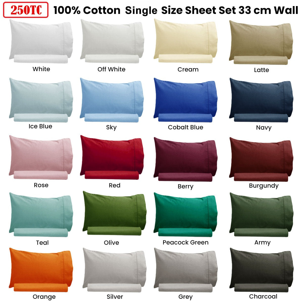 Artex 250TC 100% Cotton Sheet Set Single - Charcoal, Solid Colour Design