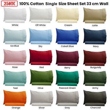 Artex 250TC 100% Cotton Sheet Set Single - Charcoal, Solid Colour Design