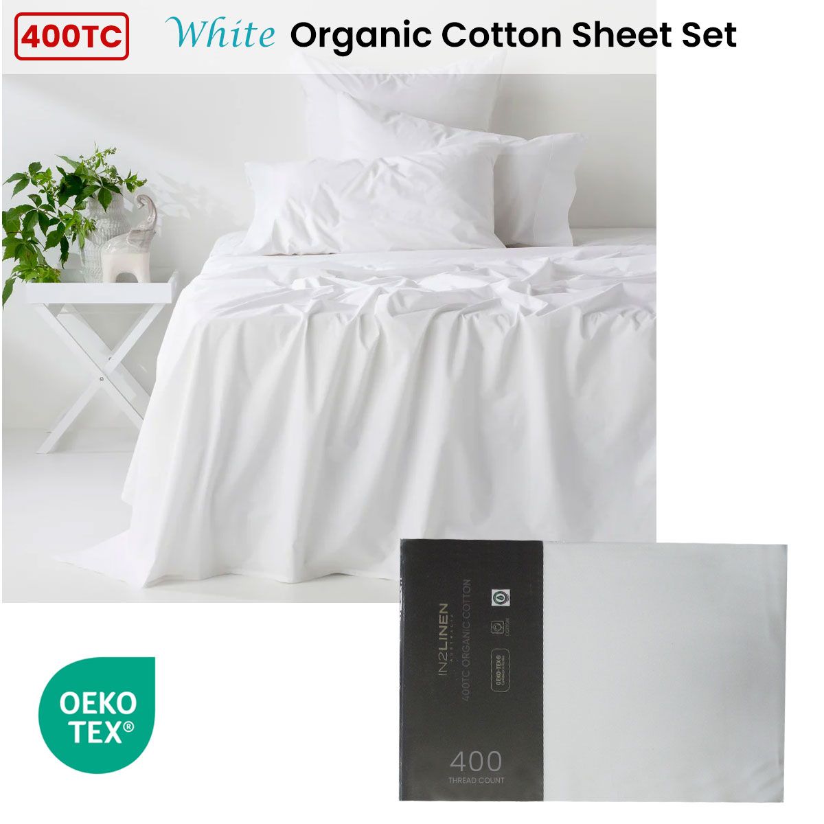 400TC Organic Cotton Premium White Sheet Set Long-Staple Commercial-Grade Durability Mega King - SuperSaverAU - view 2