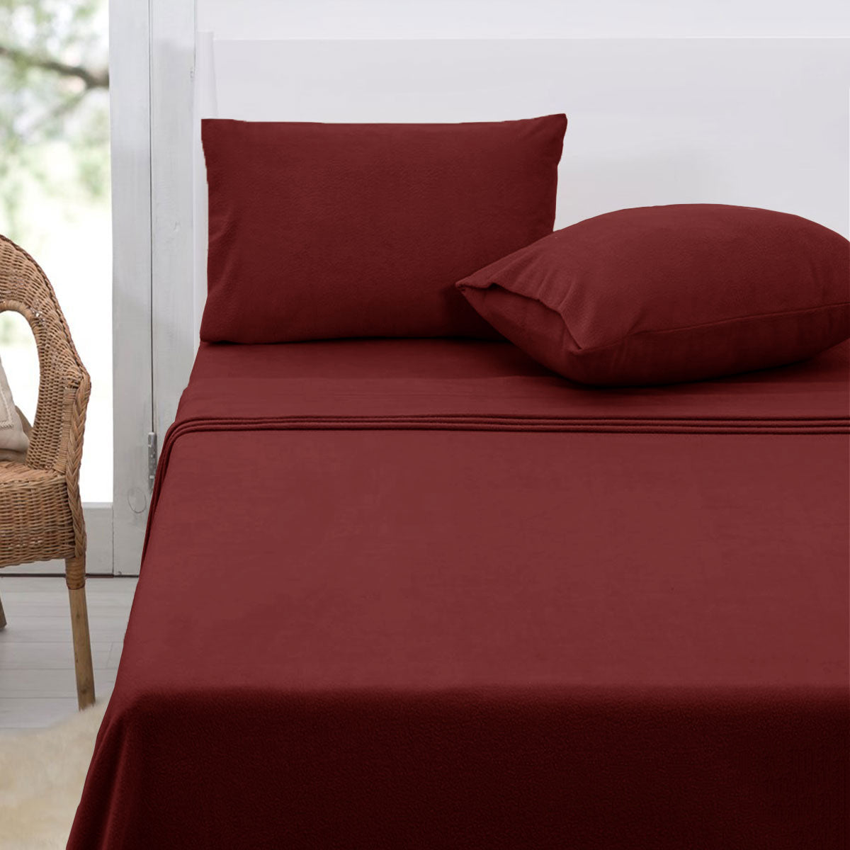 Polar Fleece Sheet Set Double 30cm Wall Burgundy - Soft Polyester, Machine Washable - SuperSaverAU - view 1