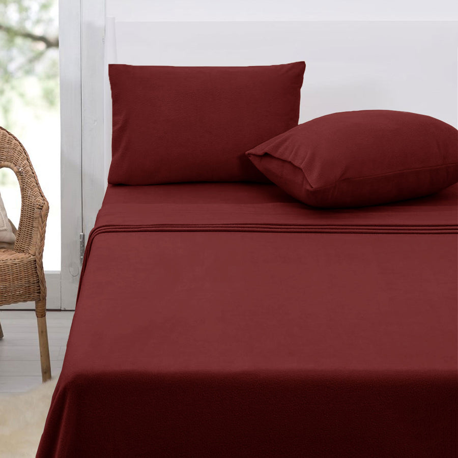 Polar Fleece Sheet Set Double 30cm Wall Burgundy - Soft Polyester, Machine Washable - SuperSaverAU - view 1