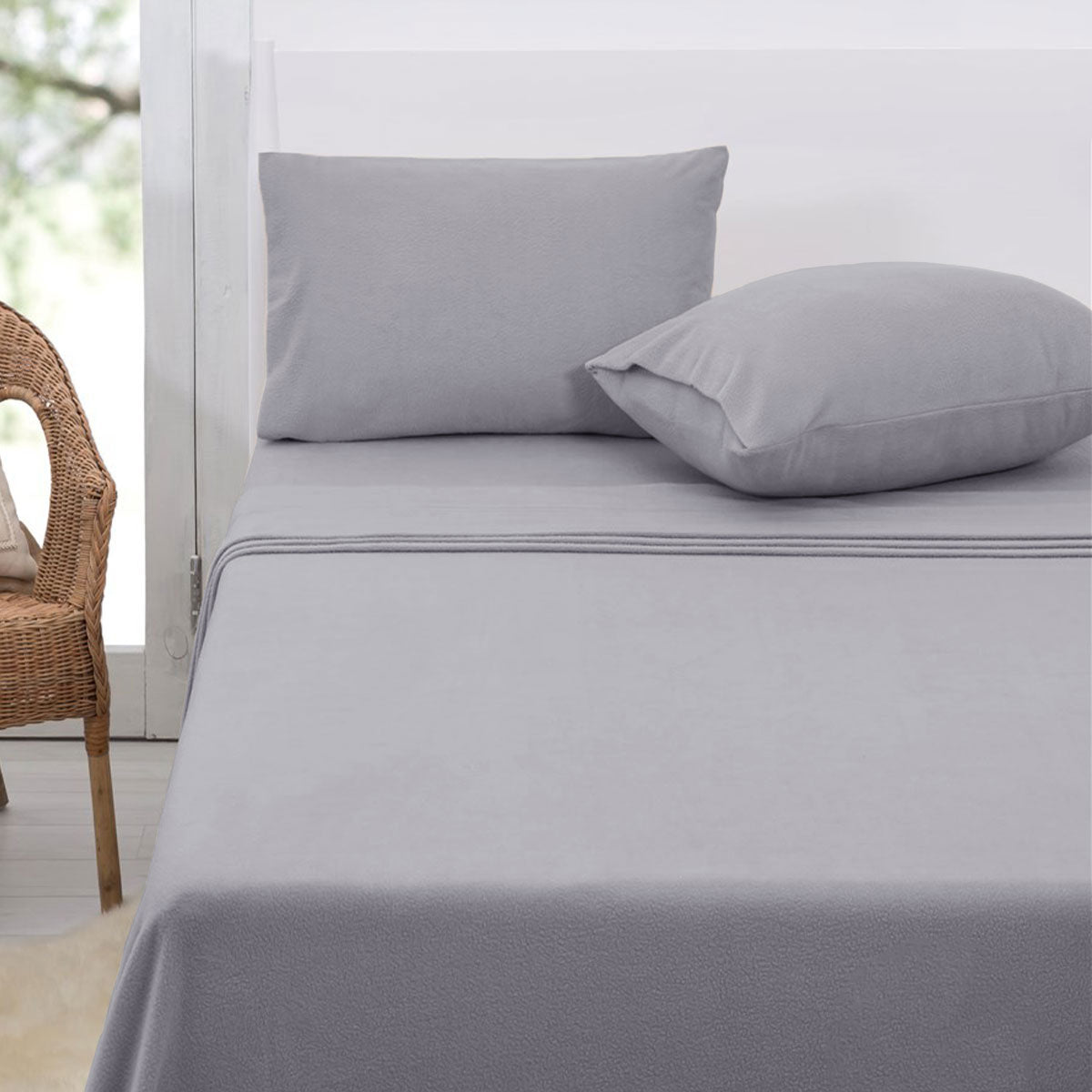 Polar Fleece Sheet Set Queen 36cm Wall - Grey, Lightweight, Solid Colour Design