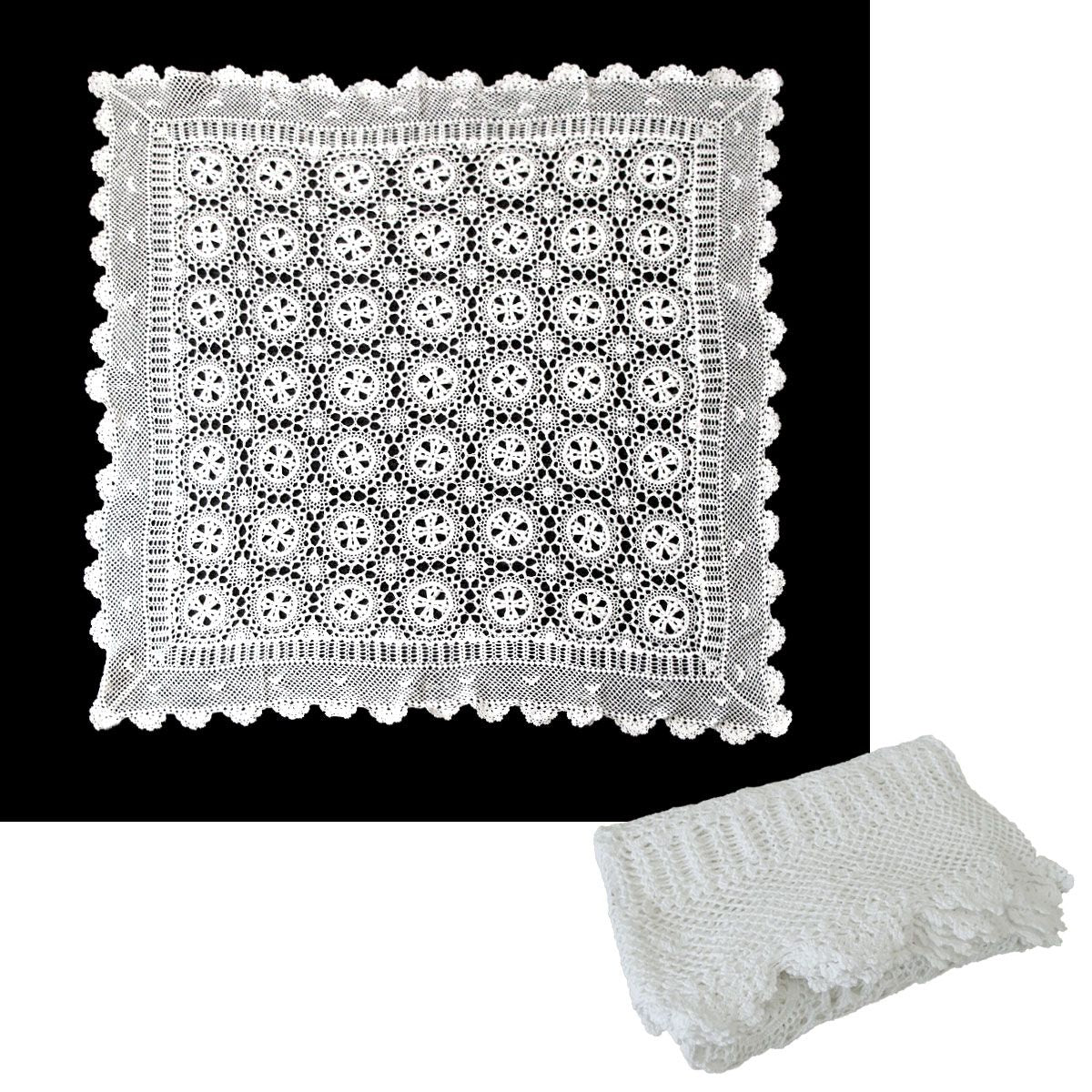 White Knitted Crochet Cotton Tablecloth Square 137 x 137 cm Scalloped Edging 4-Seater - SuperSaverAU - view 2