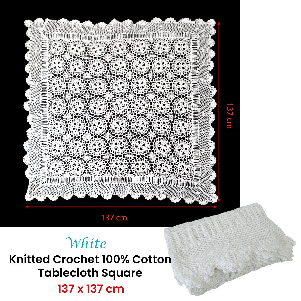 White Knitted Crochet Cotton Tablecloth Square 137 x 137 cm Scalloped Edging 4-Seater - SuperSaverAU - view 3