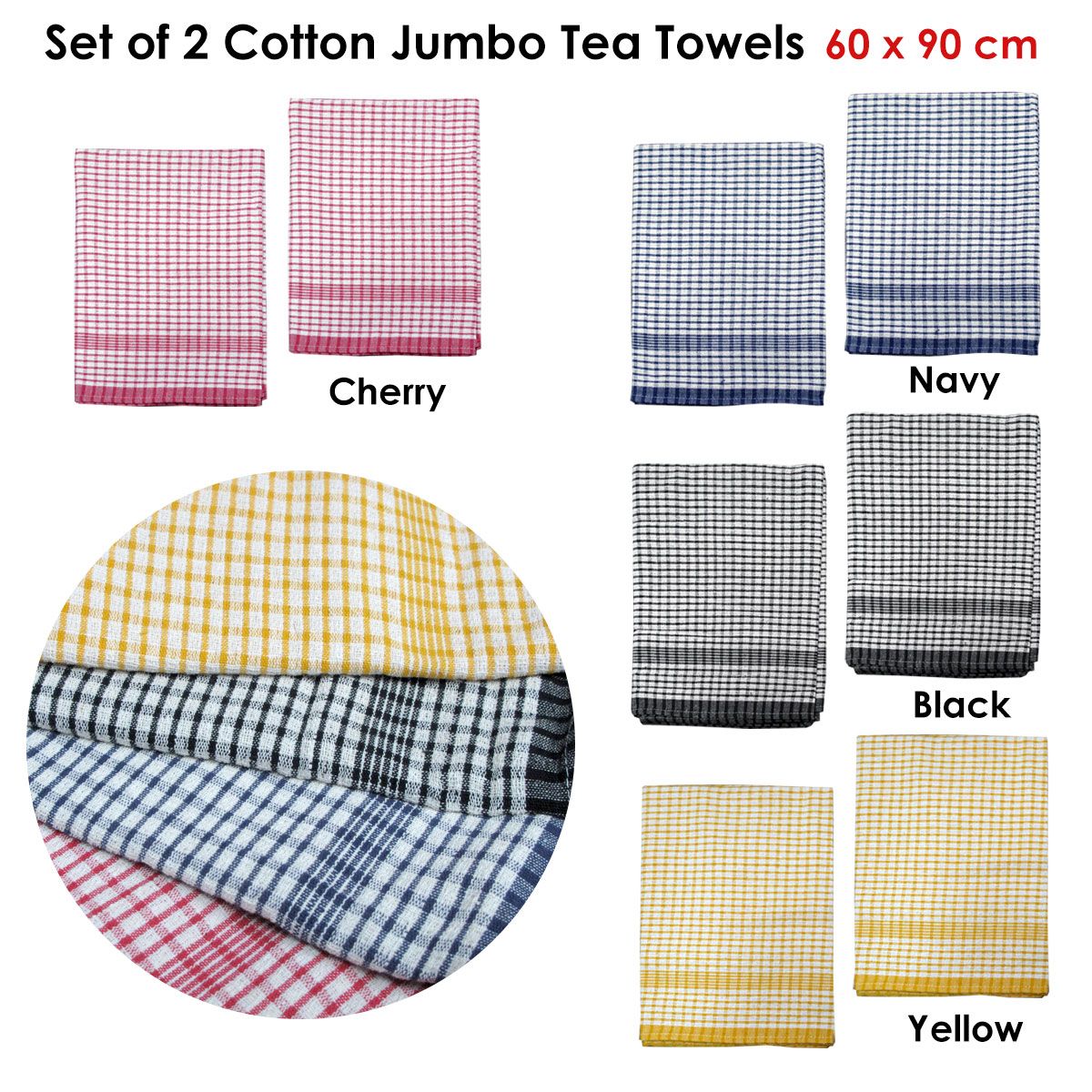 Hotel Living Set of 2 Jumbo Cotton Check Tea Towels 60x90cm Navy - SuperSaverAU - view 3