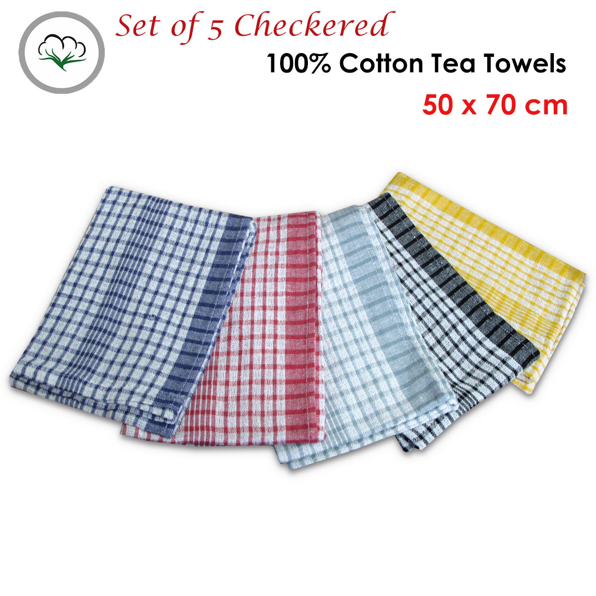 Hotel Living Checkered Set of 5 Cotton Tea Towels 50 x 70 cm - Vibrant Colors - SuperSaverAU - view 2