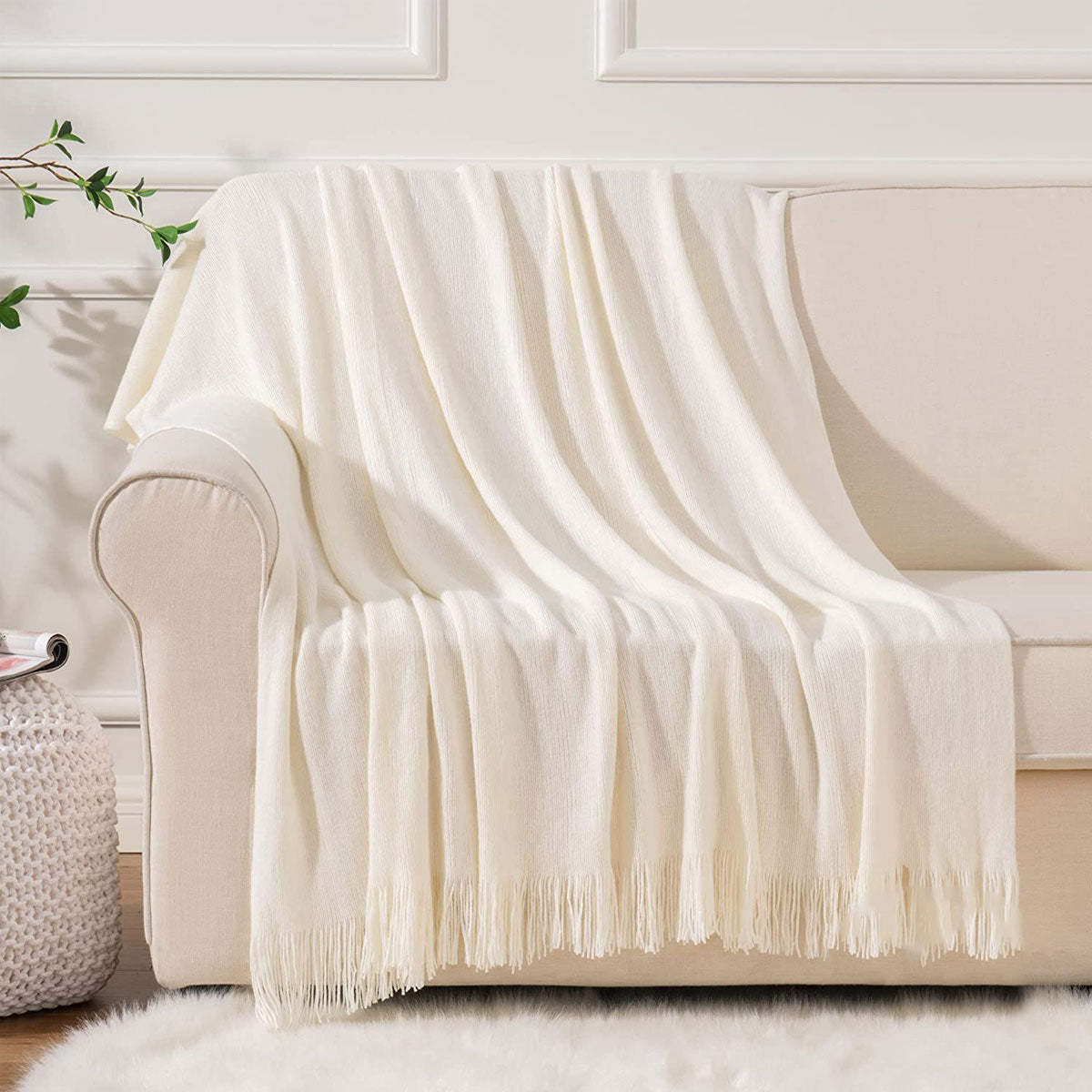 Bahamas Woven Throw Rug with Fringe 130 x 150 cm - Ivory, Soft Acrylic - SuperSaverAU - view 1