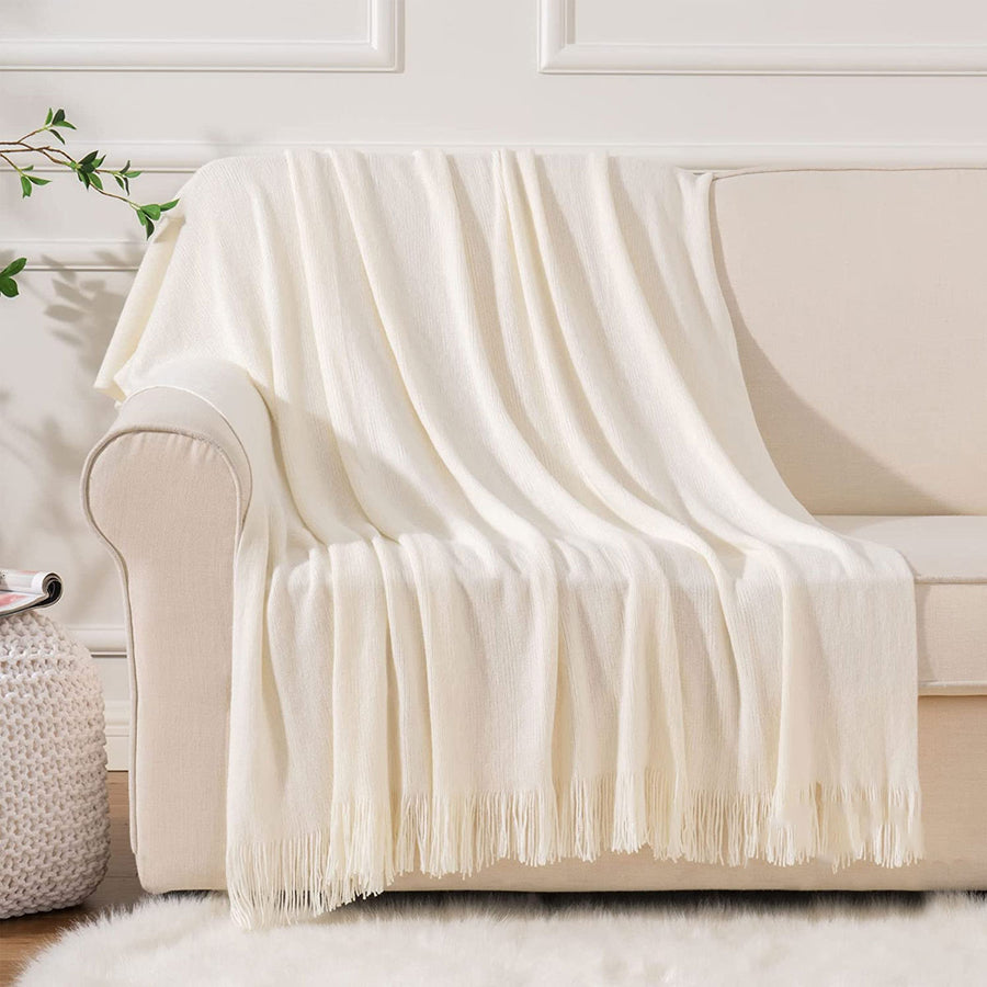 Bahamas Woven Throw Rug with Fringe 130 x 150 cm - Ivory, Soft Acrylic - SuperSaverAU - view 1