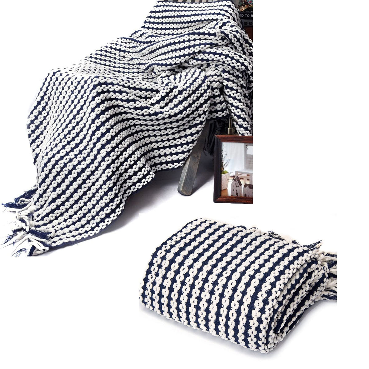 Chains Navy Knitted Throw Rug 127 x 152 cm - Soft Acrylic/Polyester Design - SuperSaverAU - view 1