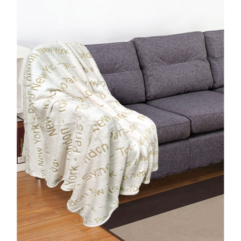 Embossed Print Throw 130x160 cm - Ivory World Cities, Polyester, Grey & Ivory - SuperSaverAU - view 1