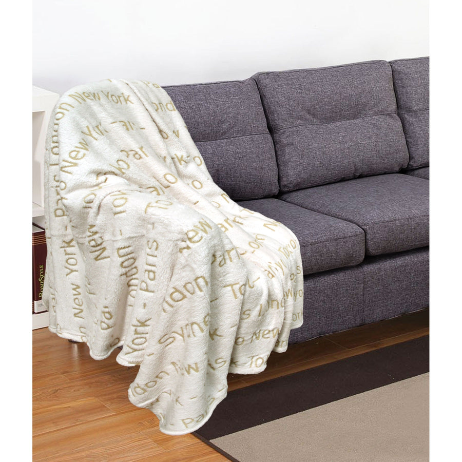 Embossed Print Throw 130x160 cm - Ivory World Cities, Polyester, Grey & Ivory - SuperSaverAU - view 1