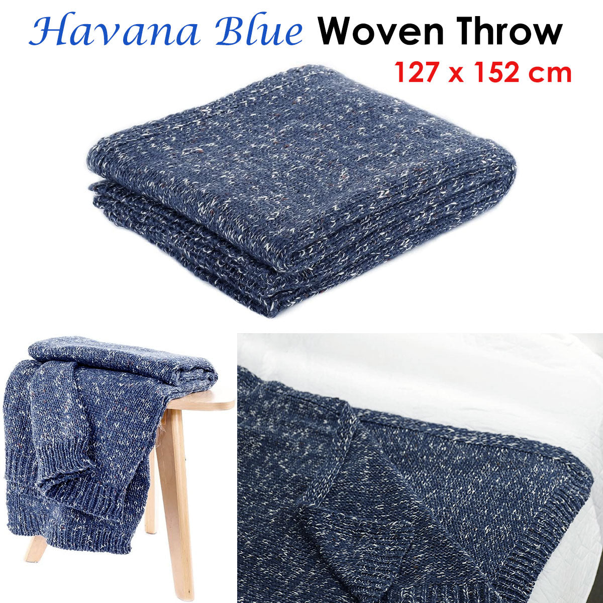 Havana Blue Woven Throw Rug 127 x 152 cm - Soft Acrylic Cotton Blend - SuperSaverAU - view 2
