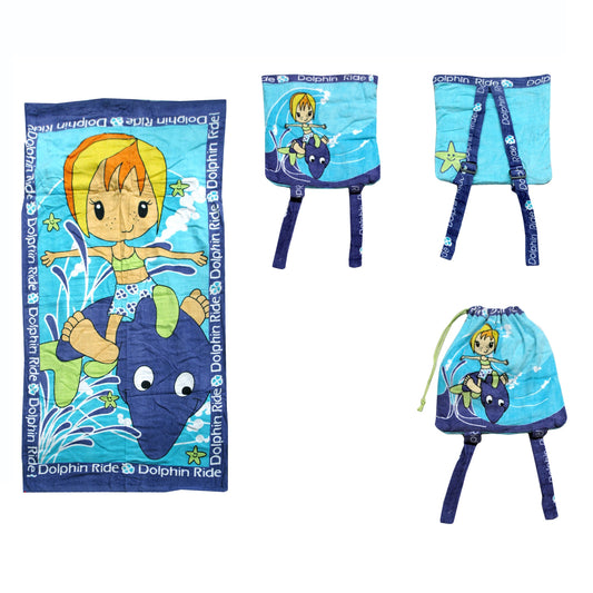 Kids Beach Towel & Bag Dolphin 75 x 150 cm - 100% Cotton, Machine Washable
