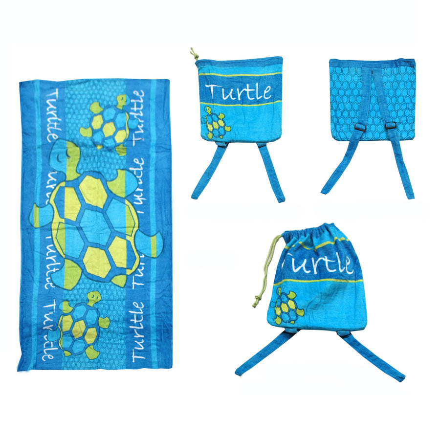 Kids Beach Towel N Bag Turtle 75 x 150 cm - 100% Cotton, Vibrant Designs - SuperSaverAU - view 1