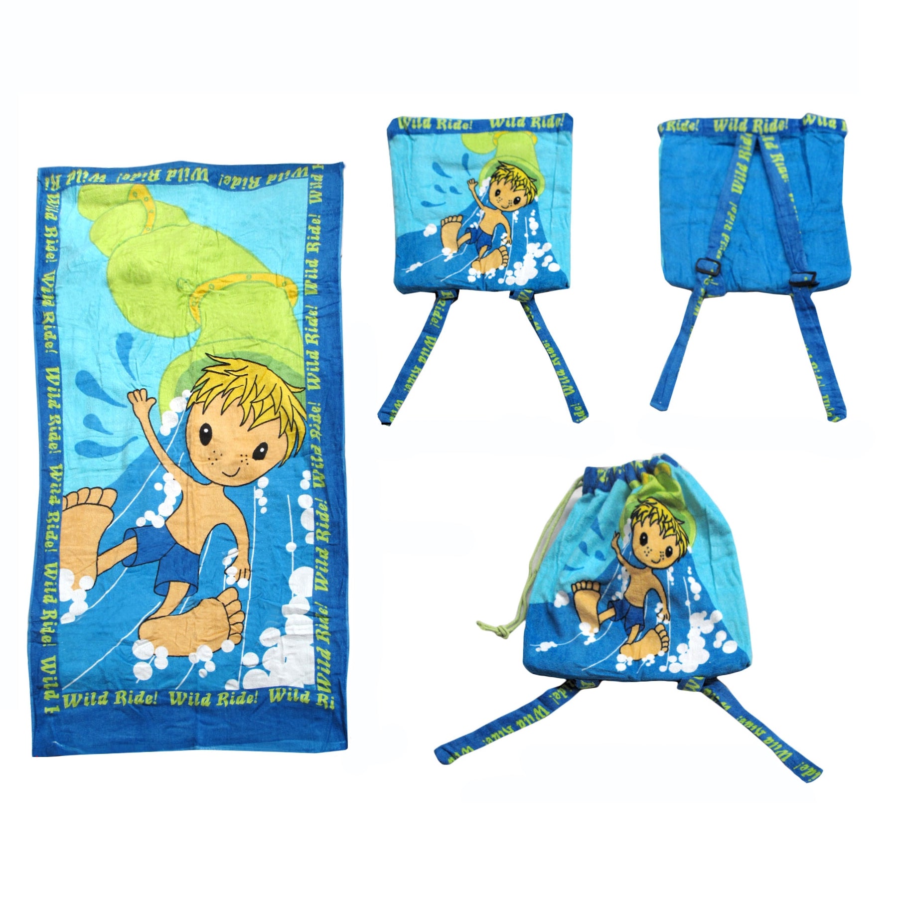 Kids Beach Towel N Bag Wild Ride 75 x 150 cm - 100% Cotton, Machine Washable - SuperSaverAU - view 1