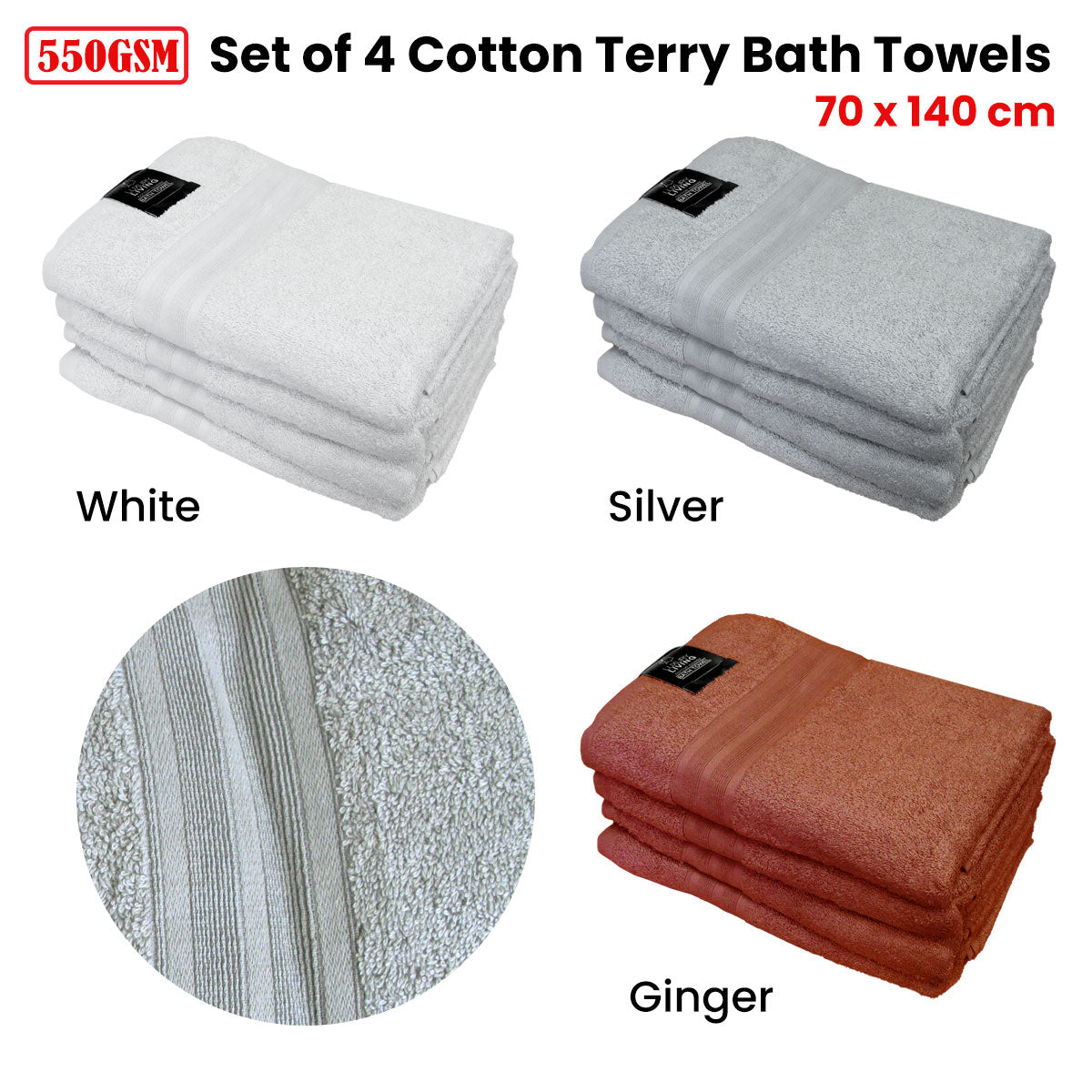 550GSM Set of 4 100% Cotton Terry Bath Towels 70 x 140 cm - White - SuperSaverAU - view 2