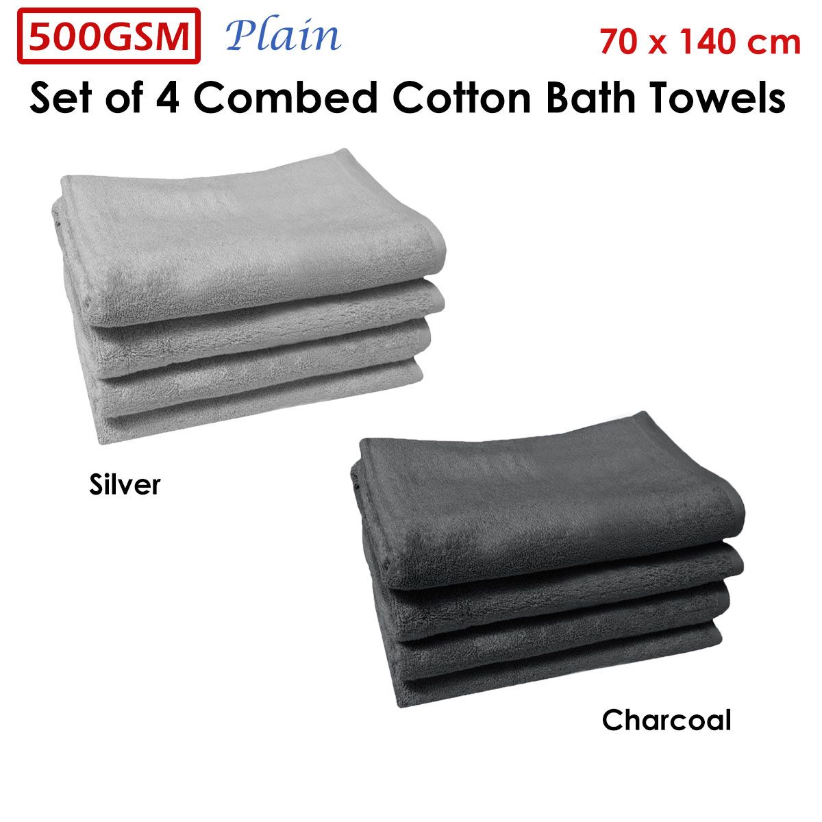 500GSM Set of 4 Combed Cotton Bath Towels Plain 70 x 140 cm Plain Charcoal - SuperSaverAU - view 3