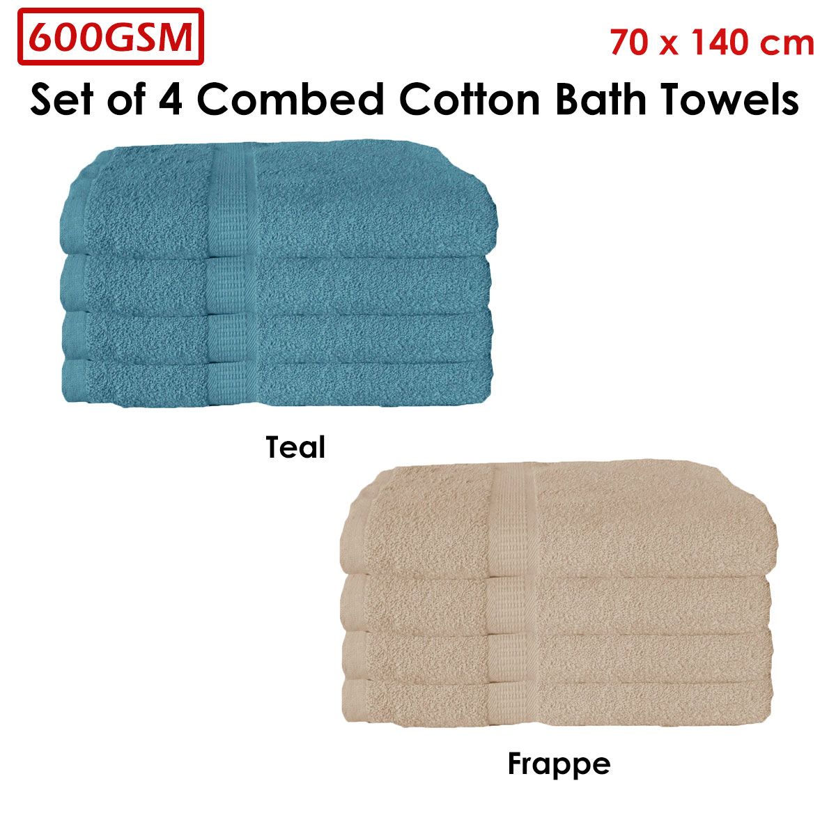 600GSM Set of 4 Combed Cotton Bath Towels 70 x 140 cm Teal - SuperSaverAU - view 3