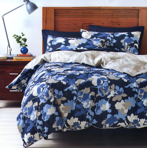 Deco Floral Sisley Quilt Cover Set Queen - Easy Care Polyester Cotton, Stone/Blues - SuperSaverAU - view 1